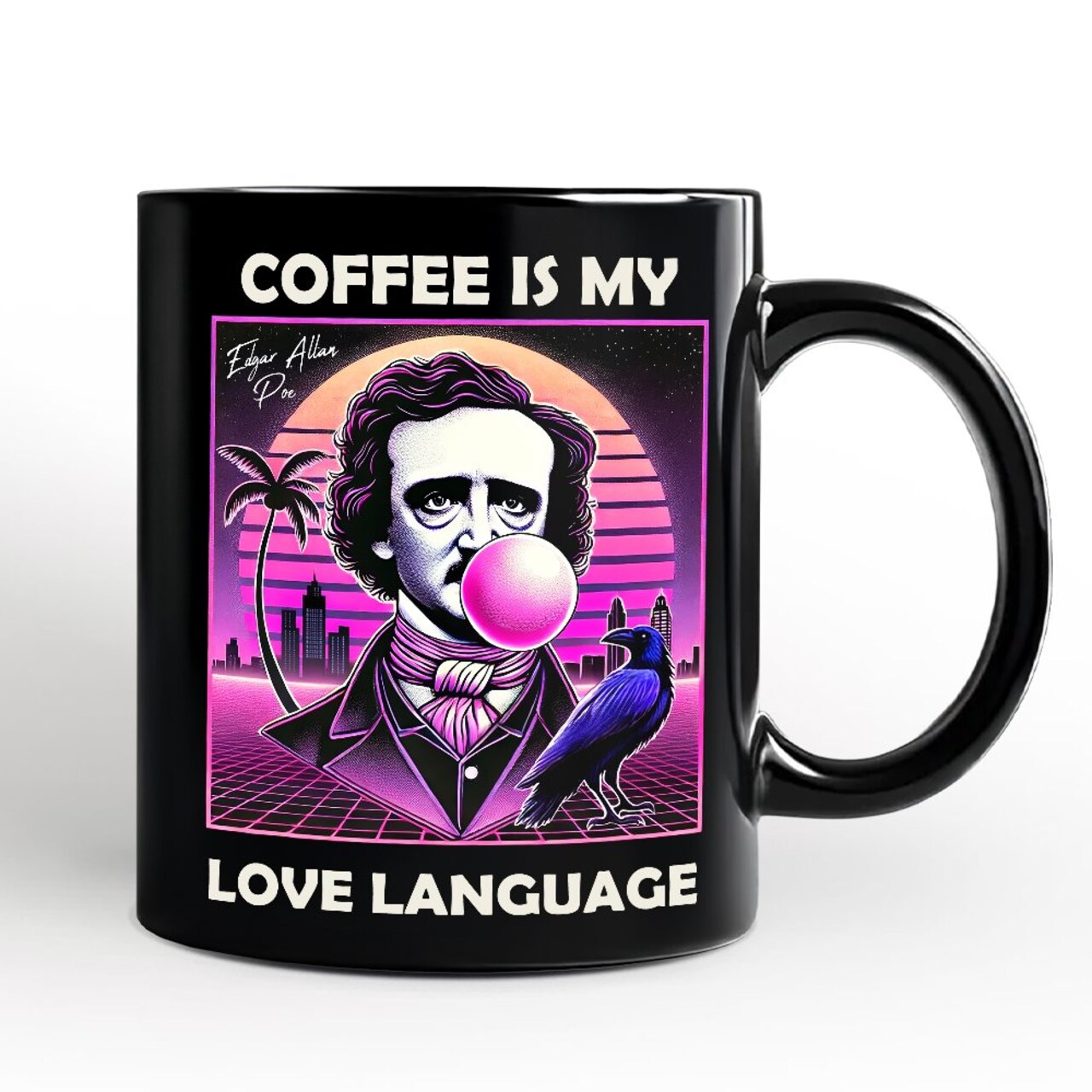 Synthwave 80's Styled Edgar Allan Poe Horror Mug, Vaperwave Classic Retro Neon Halloween Gift